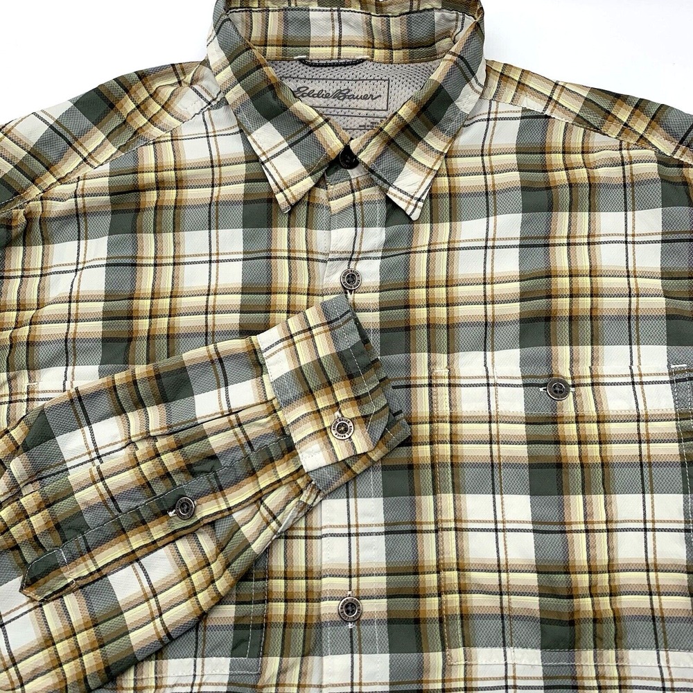 Eddie Bauer Shirt Mens Small Brown Green Plaid Roll Tab Sleeve Outdoor Hiking